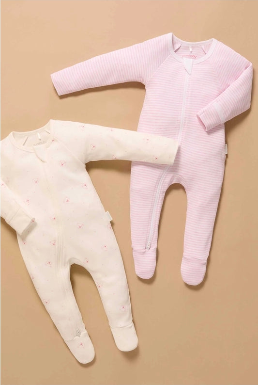 Purebaby - 2pk Zip Growsuit - Pale Pink Bear