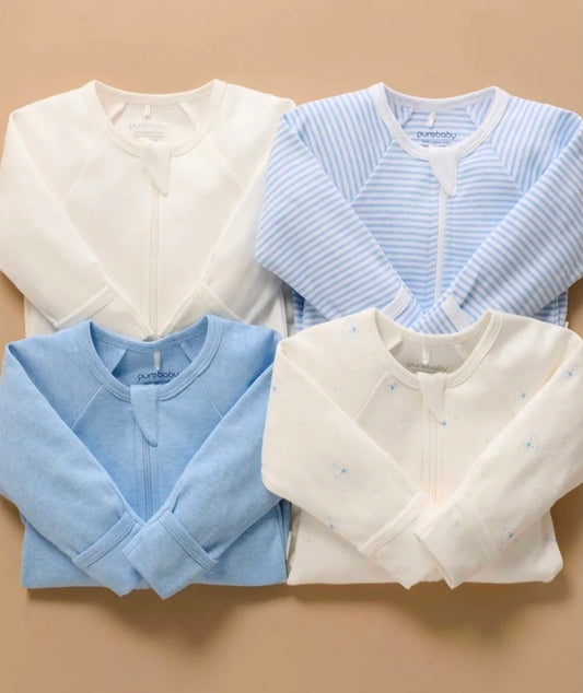 Purebaby - Zip Growsuit 4pk - Pale Blue Bear