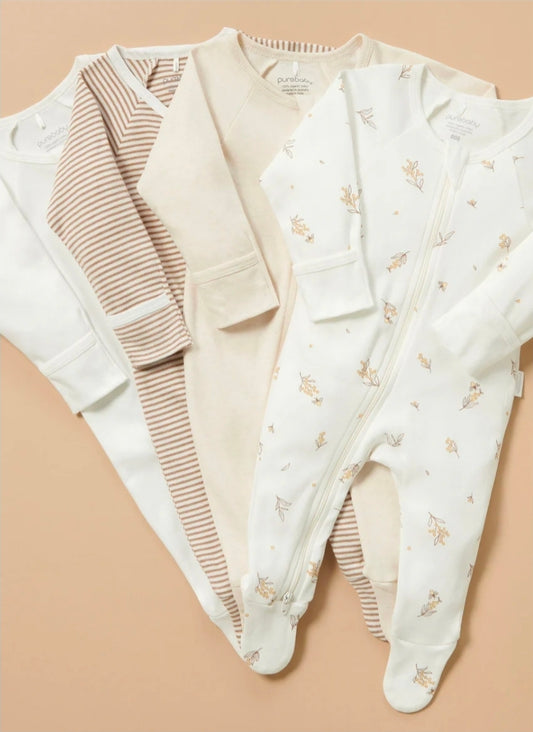 Purebaby - Zip Growsuit 4pk - Vanilla Wattle