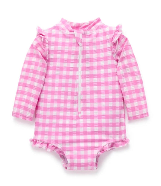Purebaby - Frilly Long Sleeve Swimsuit - Grape Gingham