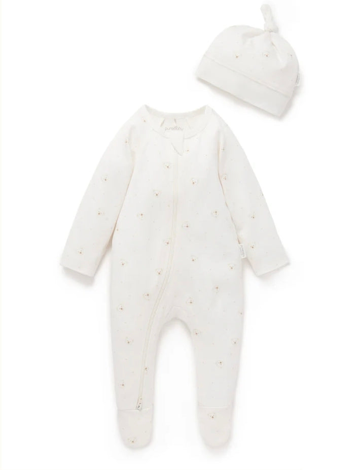 Purebaby - Zip Growsuit & Hat Set - Vanilla Bear