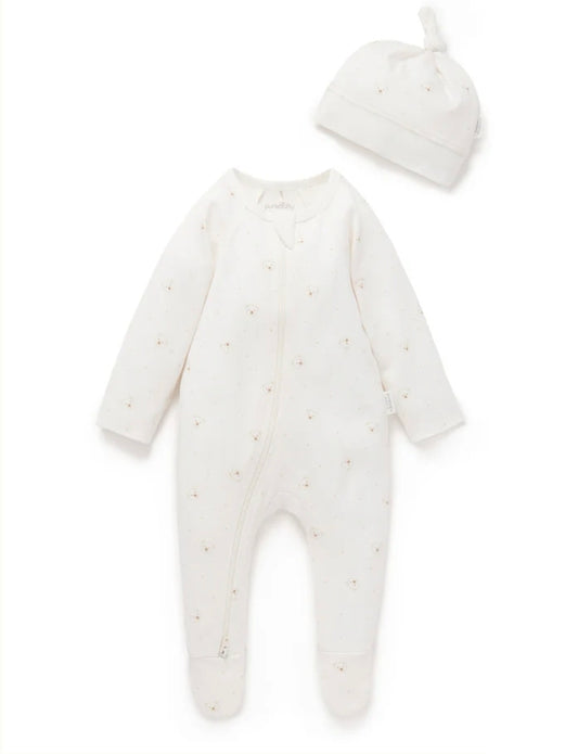 Purebaby - Zip Growsuit & Hat Set - Vanilla Bear