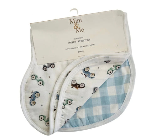 Mini & Me - Burp Bib - Cars/ Blue Gingham