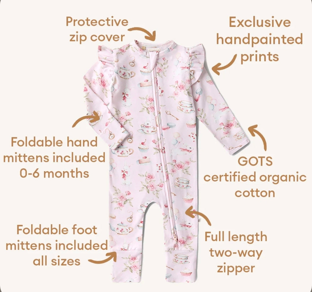 Snuggle Hunny - Organic Convertible Snugglesuit With Frill - Alice’s Tea Party