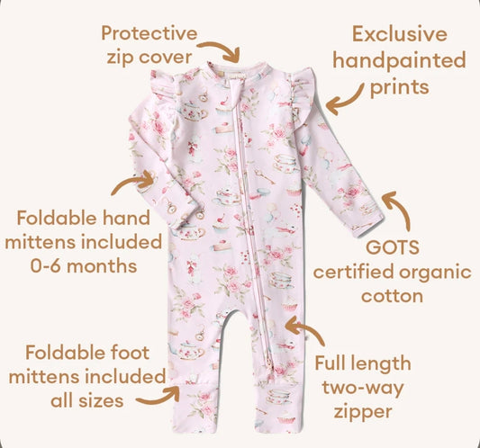 Snuggle Hunny - Organic Convertible Snugglesuit With Frill - Alice’s Tea Party