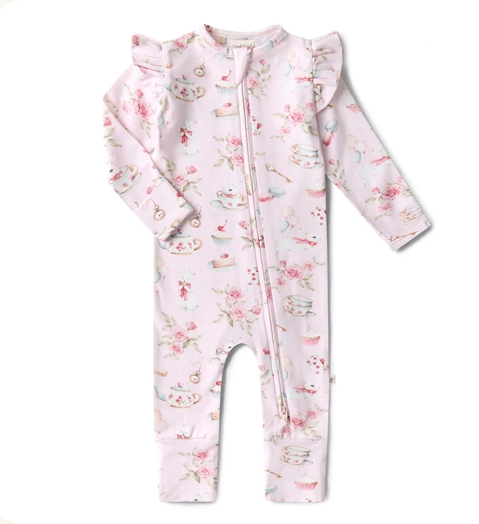 Snuggle Hunny - Organic Convertible Snugglesuit With Frill - Alice’s Tea Party