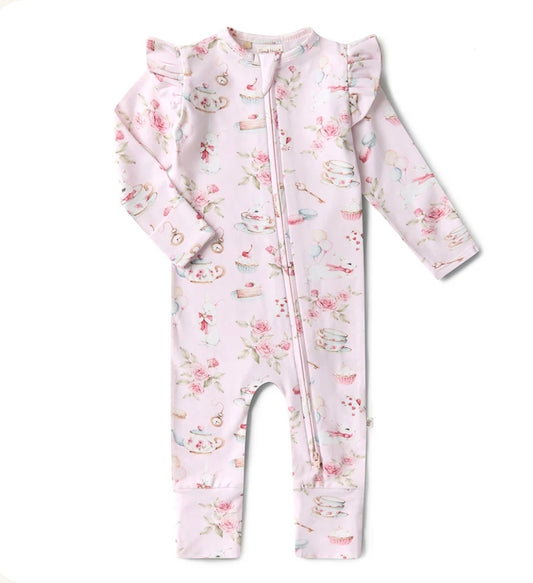 Snuggle Hunny - Organic Convertible Snugglesuit With Frill - Alice’s Tea Party