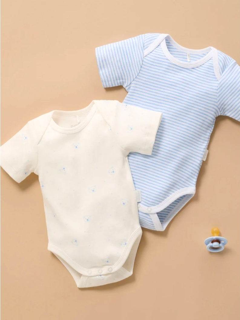 Purebaby - Easy Neck S/S Bodysuit 2pk - Pale Blue Bear