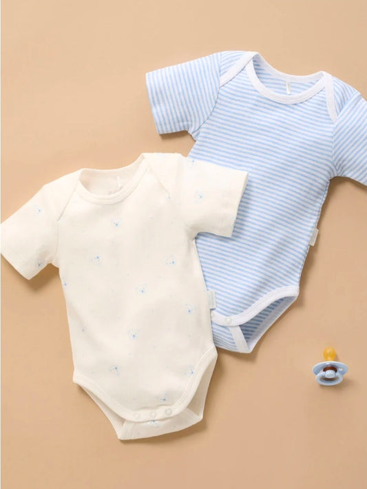 Purebaby - Easy Neck S/S Bodysuit 2pk - Pale Blue Bear