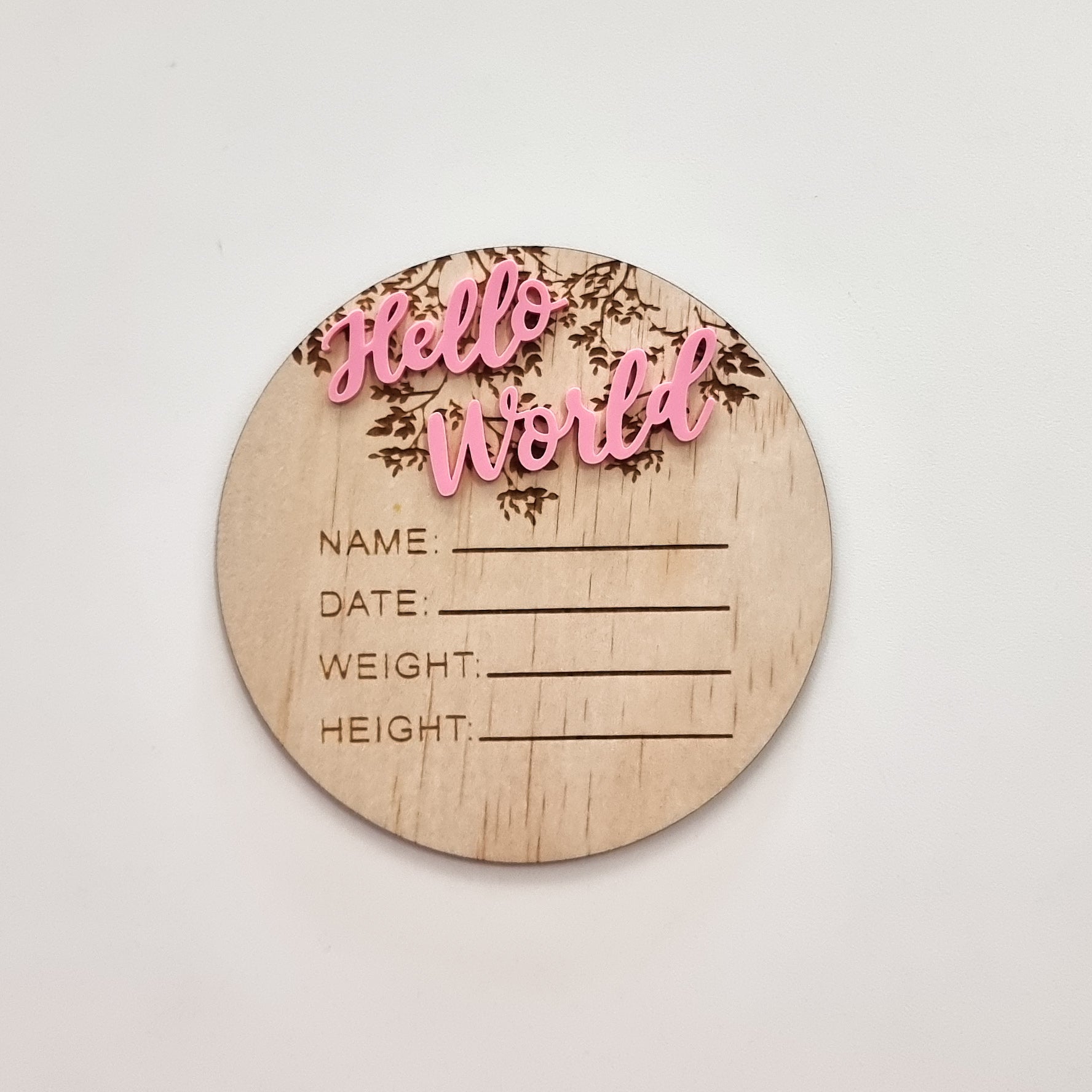 “Hello world” Acrylic announcement disc - Pink