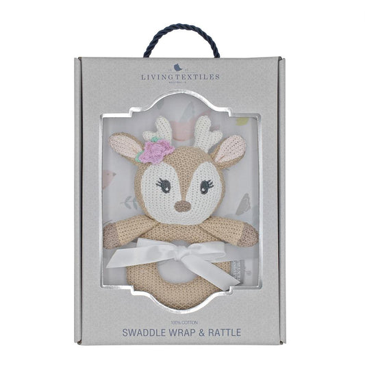 Jersey Swaddle & Rattle Gift Set - Fawn/Ava