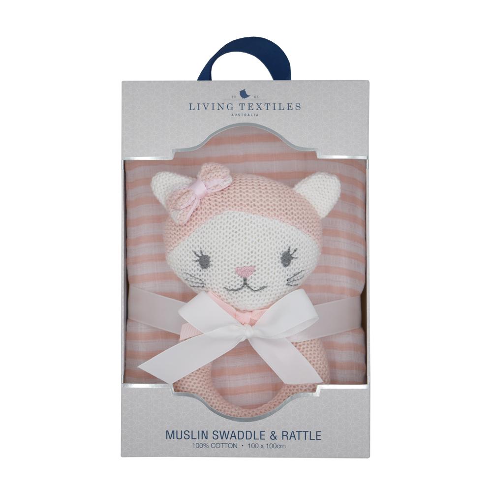 Muslin Swaddle and Rattle- Kitty