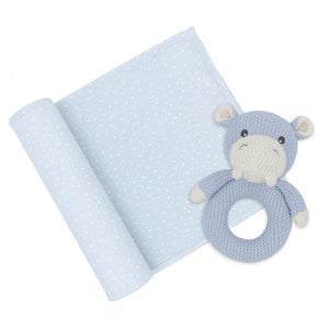 Jersey Swaddle & Rattle Gift Set - Dots/Hippo
