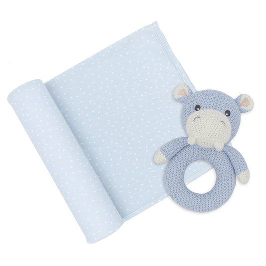 Jersey Swaddle & Rattle Gift Set - Dots/Hippo